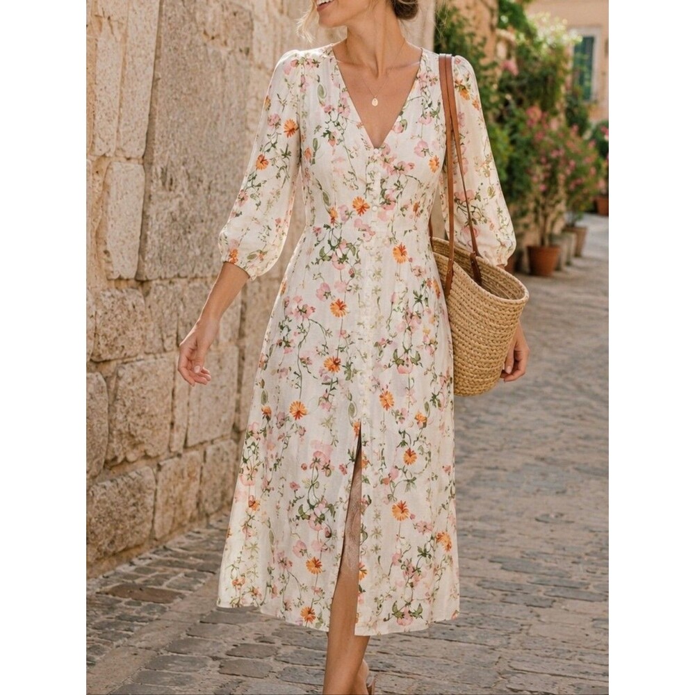 H&M Floral Cotton Midi Dress XS Puff Sleeve Cottagecore Button Front White